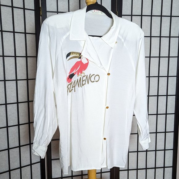 Vintage white button down shirt with flamenco and bird embroidery - Picture 2 of 6